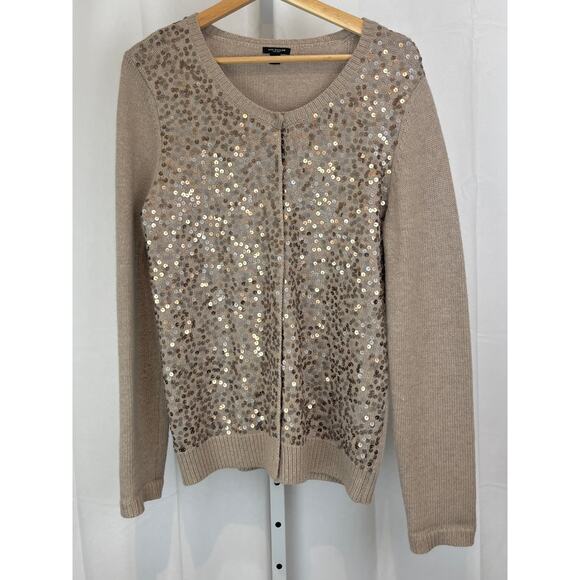 ANN TAYLOR Sequin Cardigan Sweater Embellished Wool Angora Cashmere Beige Tan L - Picture 1 of 8